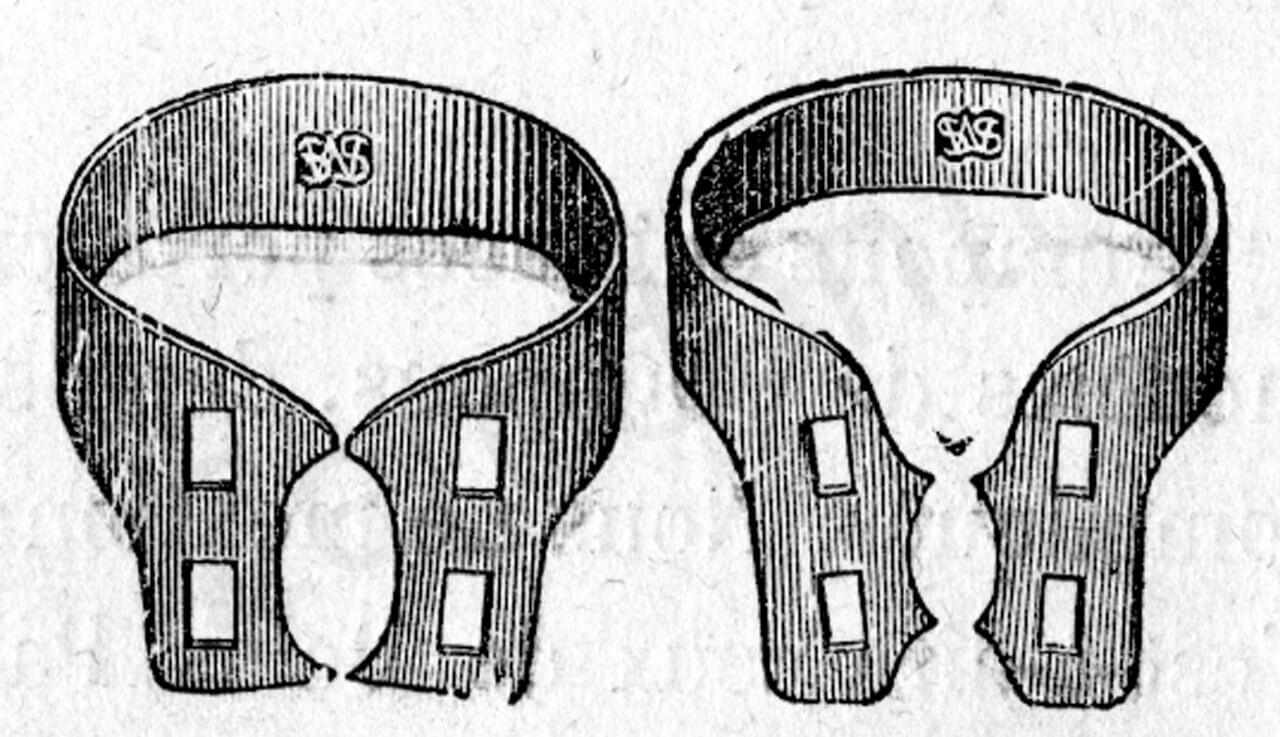 Fig. 3C. Gli uncini metallici disegnati dal Dr. Elliott (Da: Andrieu E.: Traité de Dentisterie Opératoire, Octave Doin Ed., Paris 1889).