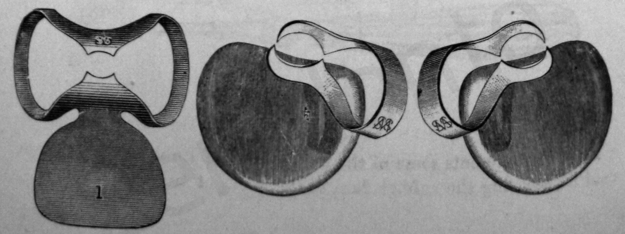 Fig. 7. Per migliorare la protezione dei tessuti molli, alcuni vecchi uncini disegnati da Palmer erano fatti con la protezione della lingua (Da: Harris C.H.: Principles and Practice of Dentistry, Gorgas F.J. ed., P. Blakiston, Son & Co., Philadelphia 1885).